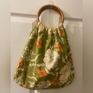 Vintage Striped Cotton Reversible Handbag with Wooden Handles